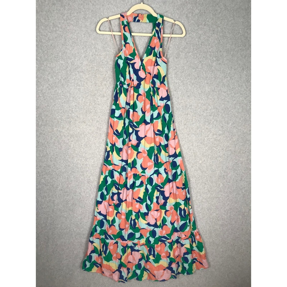 Jessica‎ Simpson Tiered Maxi Dress XS Smocked Tropical Resort Cruise Pastel Vaca